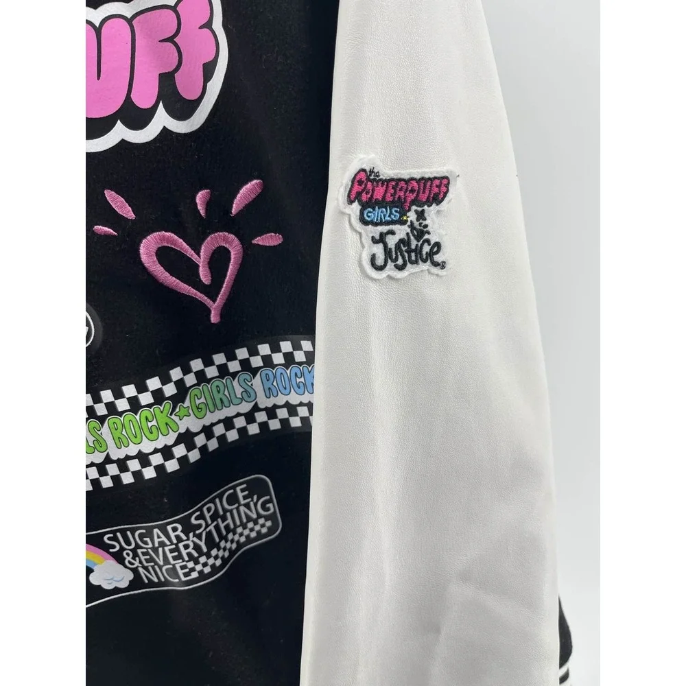 Powerpuff‎ Girls Justice Varsity Jacket Youth XL Black White Bomber Cartoon